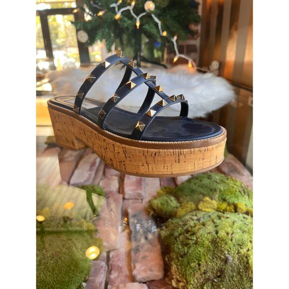 VALENTINO  Navy Blue Rockstud Cork Sandals SZ 37.5 - Picture 3 of 10